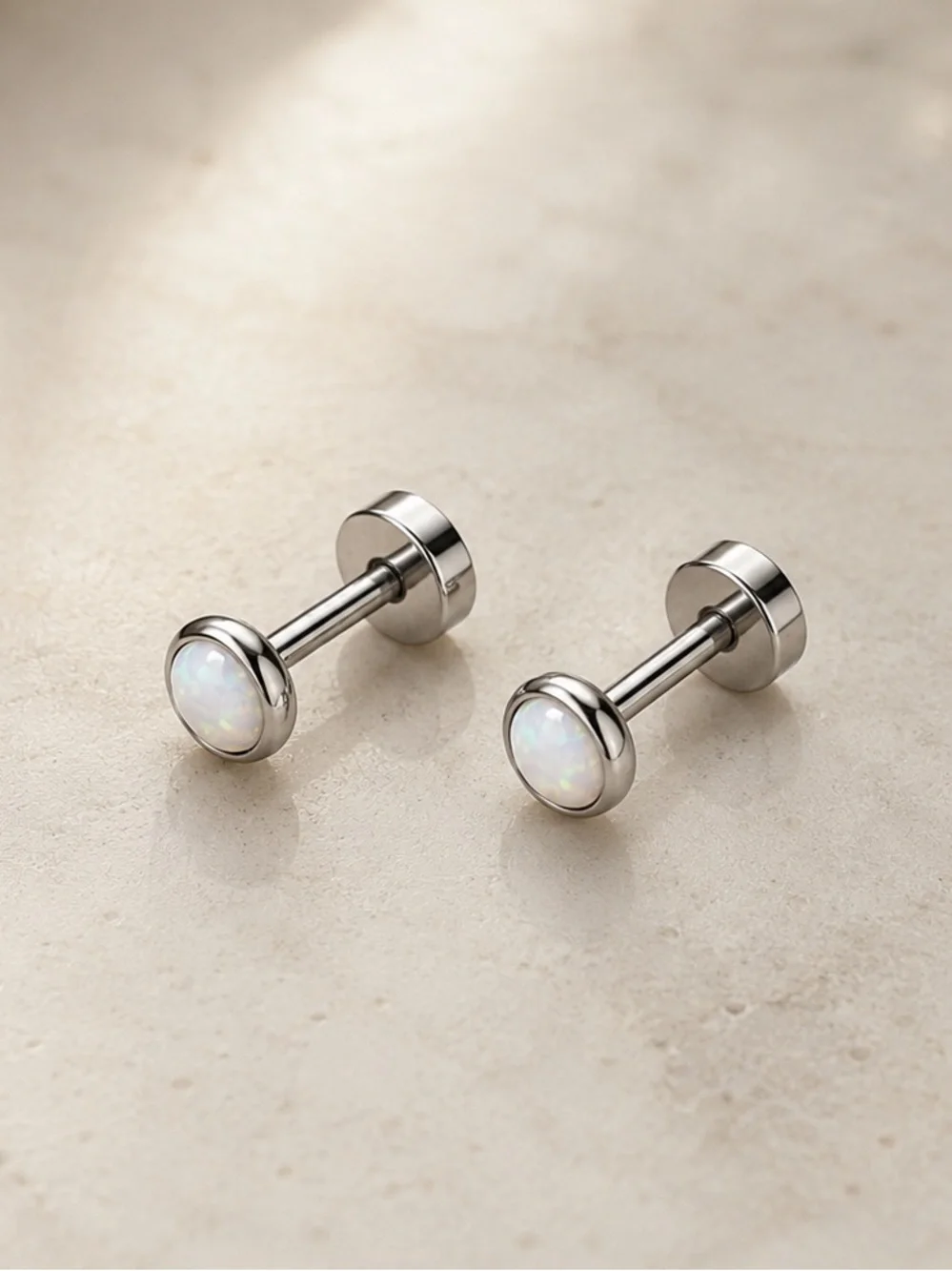 White Opal Flat Back Stud Earrings Stainless Steel 20G 3mm - Picture 4 of 4